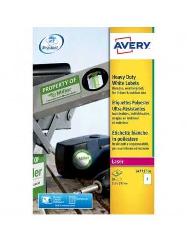 Etichette permanenti in poliestere Avery A4 - 210x297mm bianco Laser 20 et./foglio Conf. 20 fogli - L4775-20