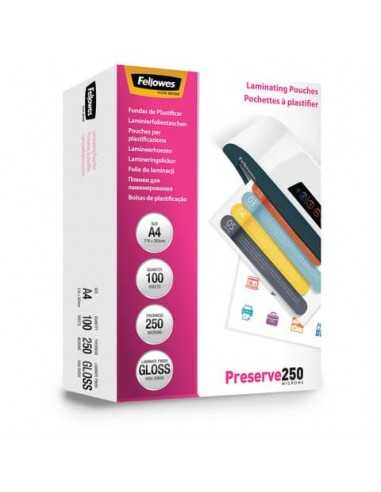 Pouches per plastificatrici Fellowes Standard Preserve250 finitura lucida - 2x250 µm - A4 - Conf. 100 pezzi 5401802