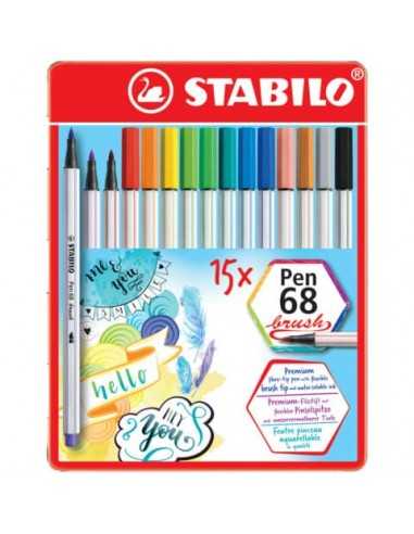 Pennarelli Stabilo Pen 68 brush punta a pennello M 1 mm - assortiti scatola in metallo da 15 pz - 568/15-32