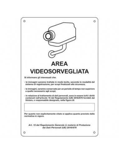 Cartello area video 20x30 cm Immagine bianca Cartelli Segnalatori "Area sottoposta a videosorveglianza" - 33328