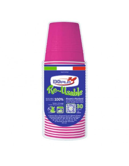 Bicchieri fucsia in polistirene conf. 30 pz Dopla Reusable 230 ml 22619