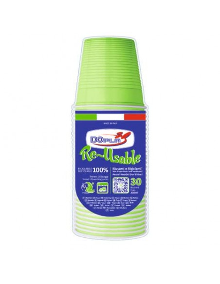 Bicchieri verde acido in polistirene conf. 30 pz Dopla Reusable 230 ml 22631