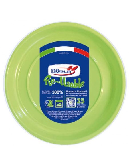 Piatti frutta verde acido in polistirene h.18 mm conf. 25 pz Dopla Reusable Ø 170 mm - 11769