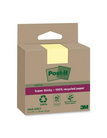 Foglietti riposizionabili Post-it® Super Sticky carta riciclata al 100% 76x76 mm Giallo Canary - 3 blocchetti da 70 ff