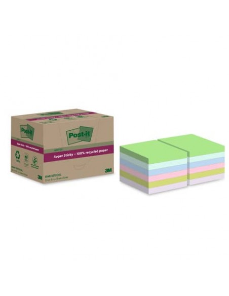 Foglietti riposizionabili Post-it®Super Sticky carta riciclata al 100% assortiti 76x76 mm - 12 blocchetti da 70 ff