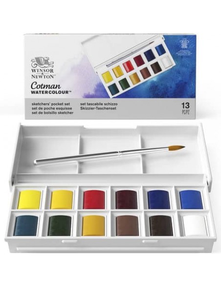 Set acquerelli Sketchers Cotman 12 1/2 godet + pennello Winsor&Newton colori assortiti - 0390640