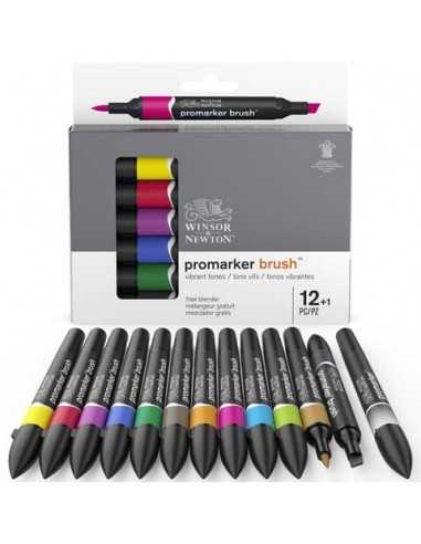 Set 12 pennarelli doppia punta brush colori vivaci assortiti + 1 blender Winsor&Newton - 0290145