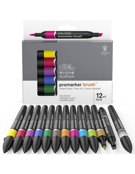 Set 12 pennarelli doppia punta brush colori vivaci assortiti + 1 blender Winsor&Newton - 0290145