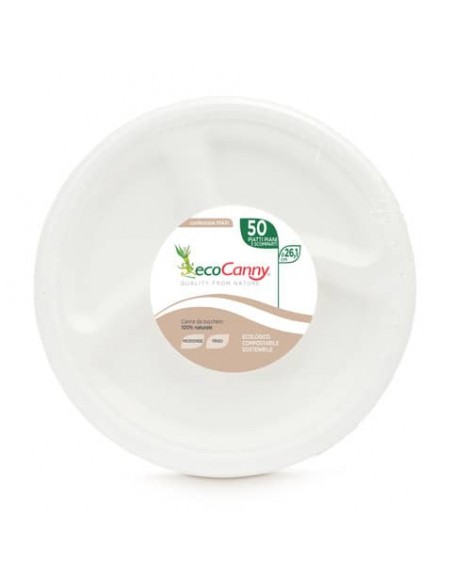 Piatti a 3 scomparti bio-compostabili ecoCanny Party bianco Ø261x28 mm conf. 50 pz - ECO‐007CA