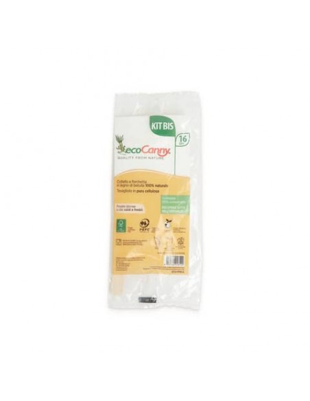 Kit forchetta coltello tovagliolo bio-compostabili ecoCanny in legno di betulla conf. 200 pz - ECO-PPBCA