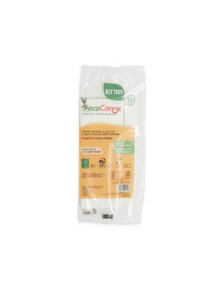 Kit forchetta+coltello+cucchiaio e tovagliolo bio-compostabili ecoCanny in legno di betulla conf. 200 pz ECO-PPTCA