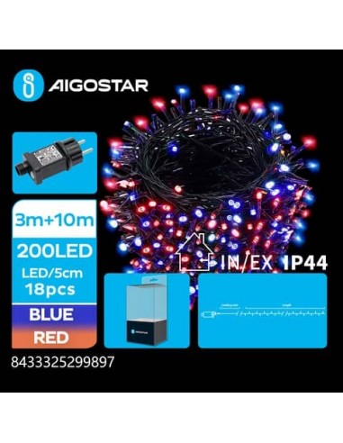 Catena luminosa per interni ed esterni a basso voltaggio Aigostar luce rossa e blu 10 m 200 led - 299897